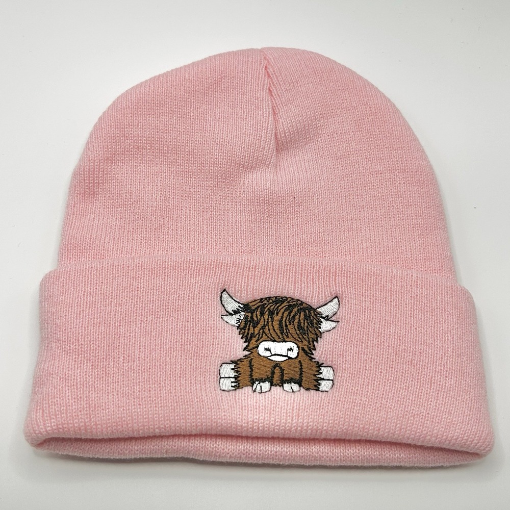 Highland Cow Cattle Cartoon Animal Beanie Hat Cap Knit Cuff Pink Outdoors